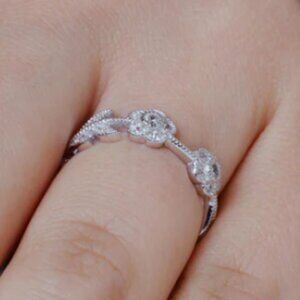 Sterling Silver 925 Rhodium Plated CZ Flower Leaf Eternity Ring